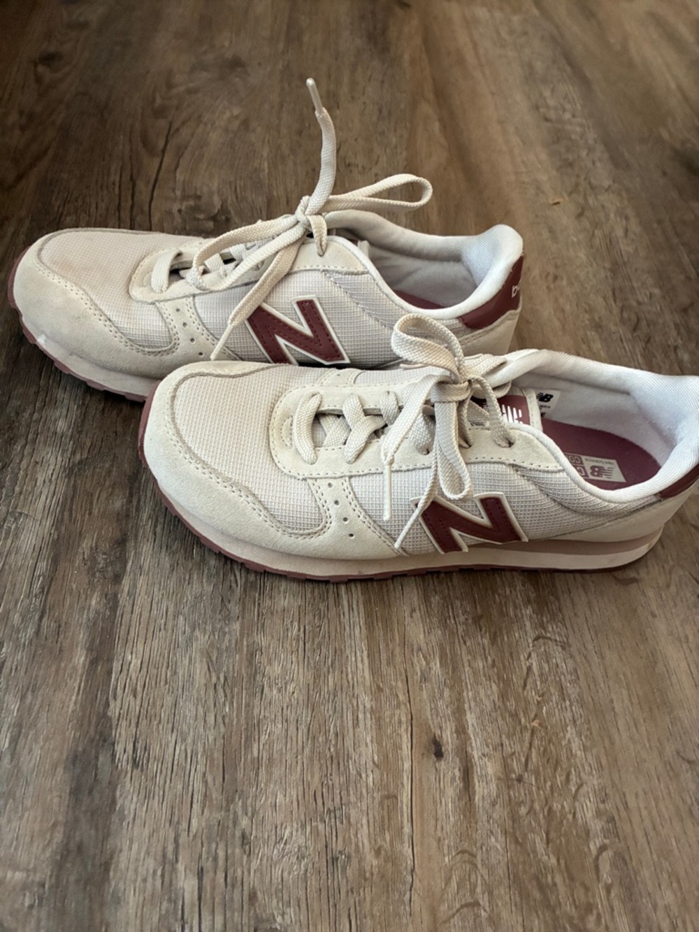 New Balance Cream Sneakers with Burgundy Accents